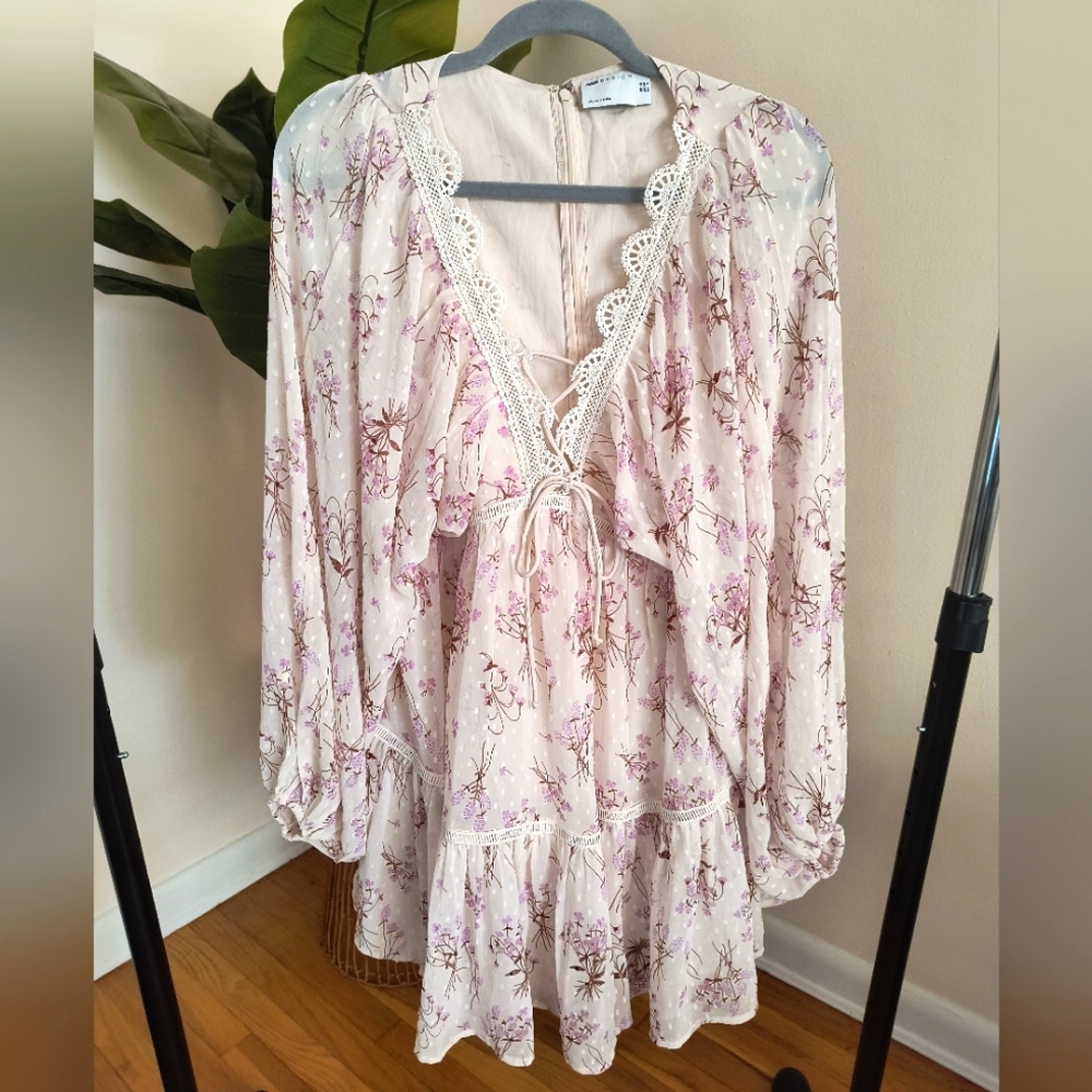 ASOS Biege Floral Long Sleeve Sheer Mini Dress US 6